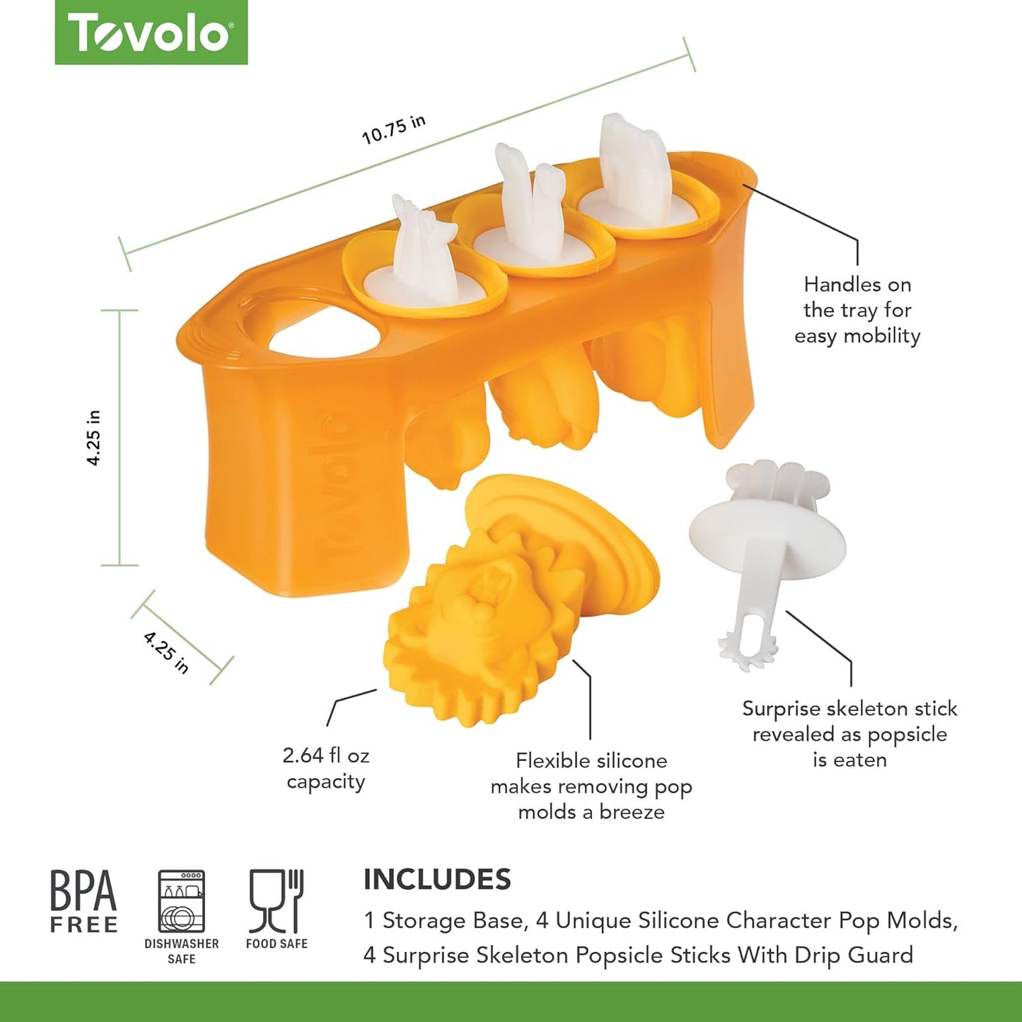 Tovolo Animal Popsicle Molds Zoo Crew Set of 4 Reusable Popsicle Molds with Sticks Bear Lion Monkey Elephant, BPA Free Silicone Pop Maker for Kids, Dishwasher Safe Animal Ice Molds for Frozen Treats