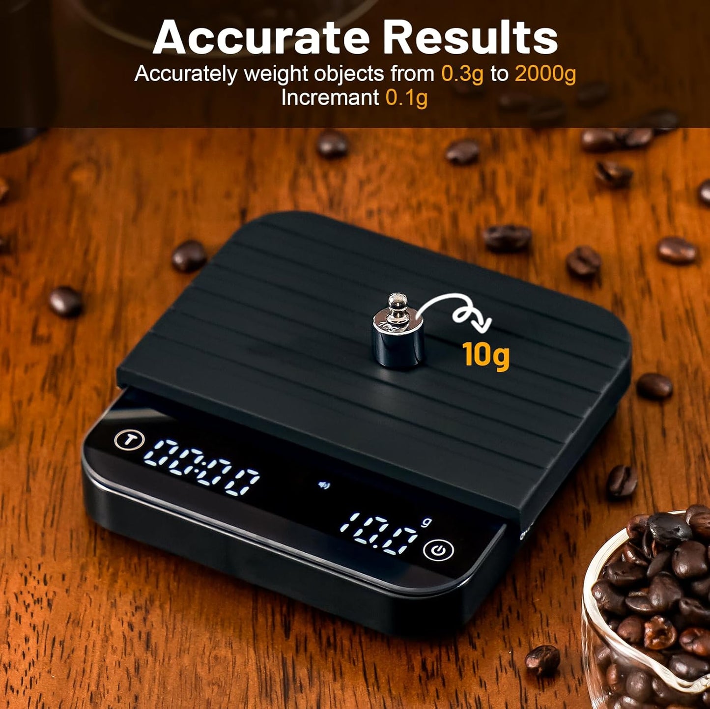 KitchenTour CaféMetric Coffee Scale with Timer 0.1g/2000g - Precision Small Scale for Espresso & Pour Over - Mini Scale with Rechargeable Battery, LED Display - Black