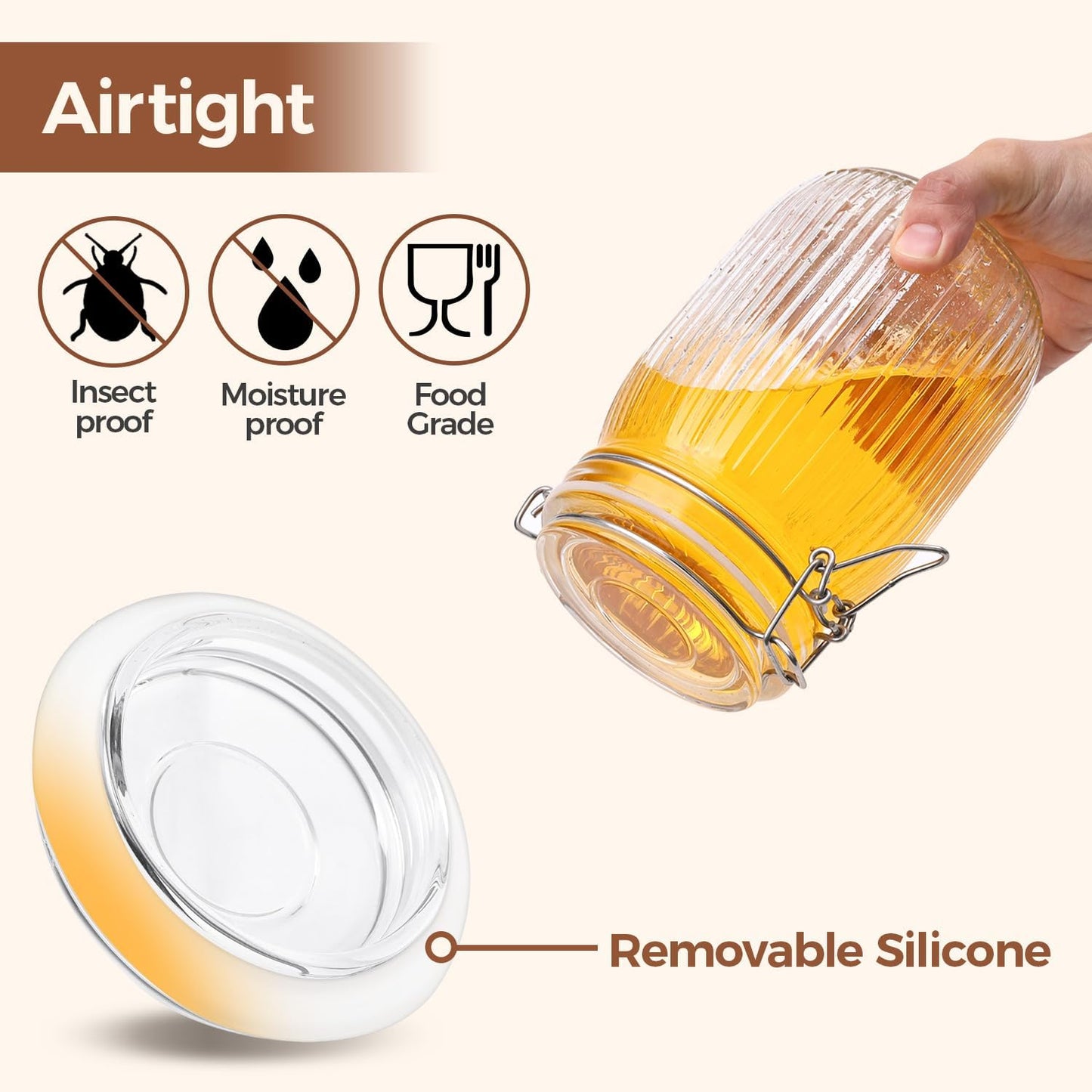 ComSaf Airtight Glass jar with lid 34oz Set of 3, Glass Storage Containers with Lids, Glass Canisters, Striped Clip Fastening Jar for Kitchen Canning, Tea, Pasta, Sugar, Beans, Cookie, Jam, Oat