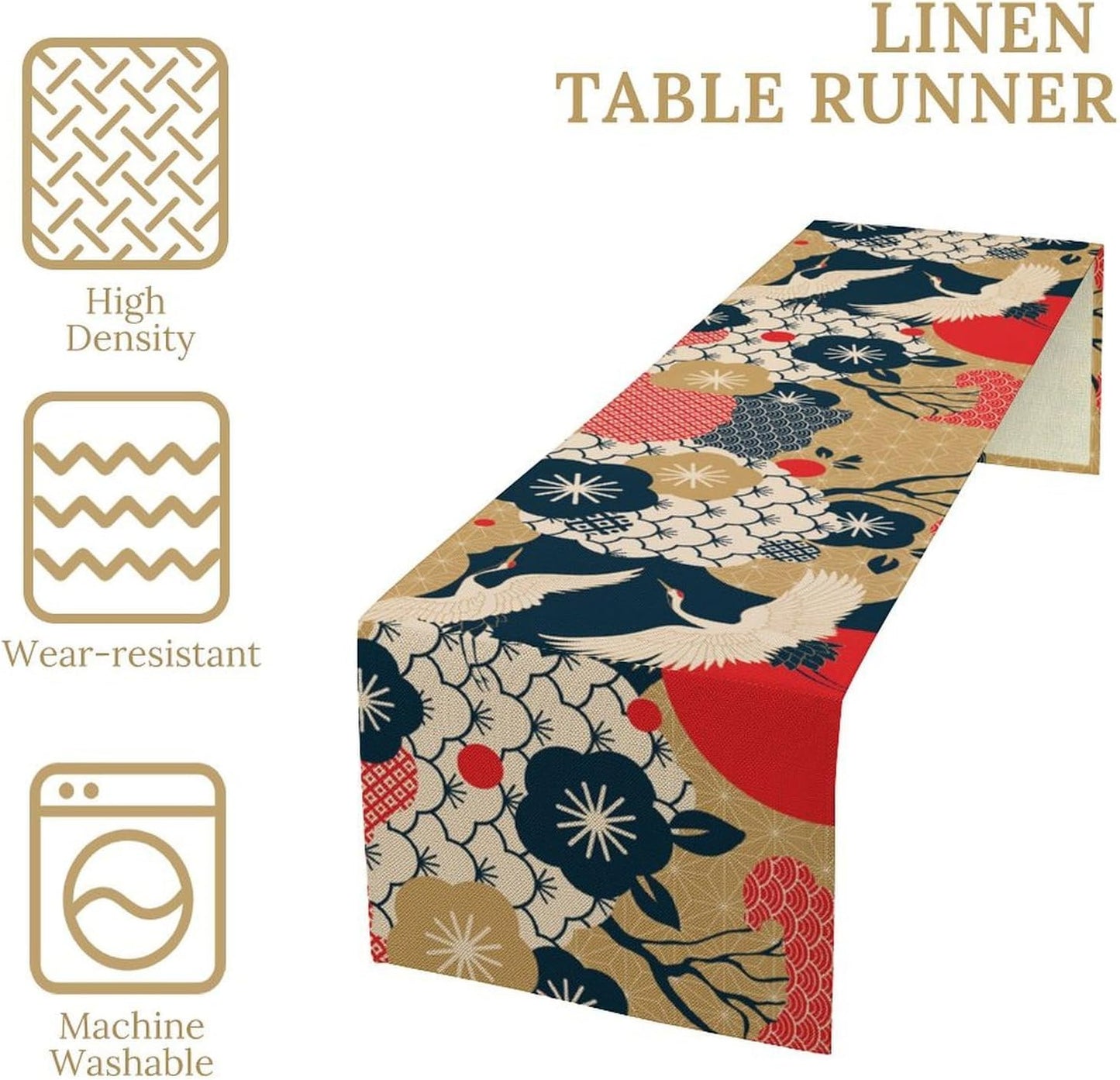 Crane Dinning Table Runner, Line Art Modern Janan Style Oriental Table Runner for Holiday Party Kitchen Study Living Room Home Bedroom Colorful 13x90 Inch