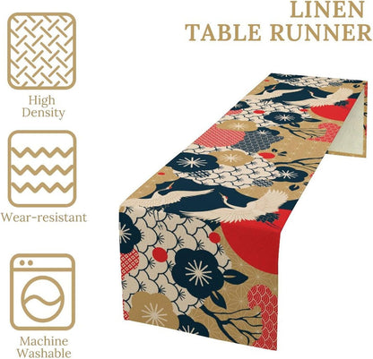 Crane Dinning Table Runner, Line Art Modern Janan Style Oriental Table Runner for Holiday Party Kitchen Study Living Room Home Bedroom Colorful 13x90 Inch