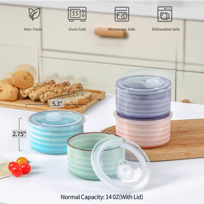 Selamica Ceramic Bowls with Lids, 14 OZ Microwave Safe Bowls with Lids for Lunch Picnic, 5 Inch Ceramic Food Storage Containers for Leftovers, Soup, Salad, Meal Prep, Cereal, Set of 4, Gradient Color