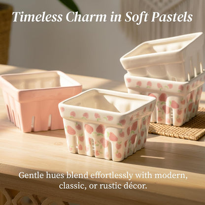 Ceramic Berry Basket, Farmhouse Colander, Strawberry Decor, Fruit Bowls, Fruit Baskets, Kawaii Strawberry Kitchen bowl, Pink White and Cute Strawberry pattern Stoneware Harvest Square Bowls Set of 4