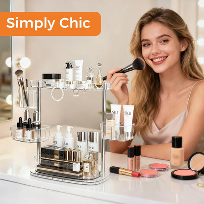 Rotating Makeup Vanity Organizer, Bathroom Countertop Cosmetic Skin Care Storage,Cosmetic Display Case with Brush Holder,for Skincare Perfume Cosmetics,Detachable Hanging Trays & Hooks