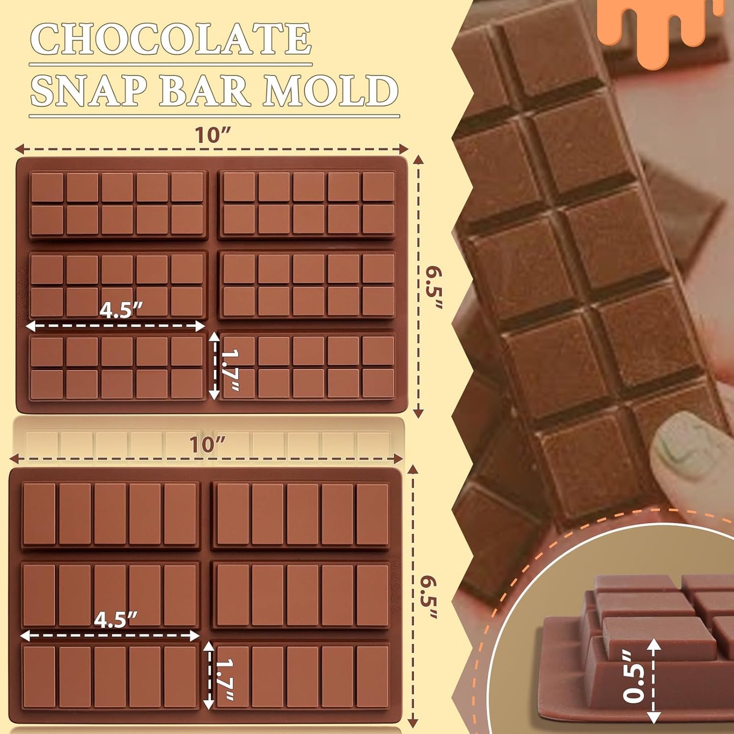 HKNMTT Chocolate Bar Molds Silicone Snap Deep Moulds for Filling Dubai Wax Candy Energy Protein Bars, Food Grade Non stick Home DIY Handmade Gifts