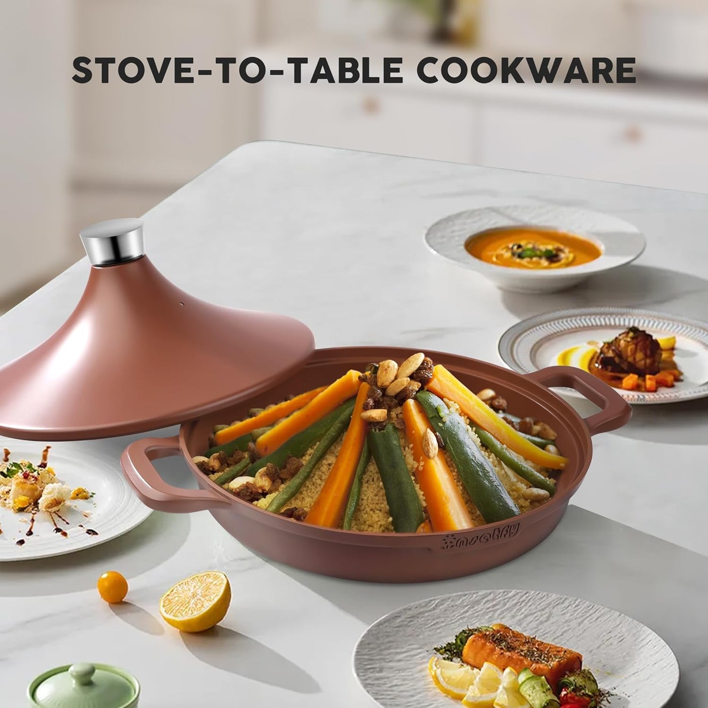 Non-Stick Frying Pan/Skillet 11", 3QT Tagine Pan,Cast Aluminum Pans with Lid, Stove/Oven-to-Table Cookware, Dishwasher Safe& Compatible with All Stovetops（Terracotta）