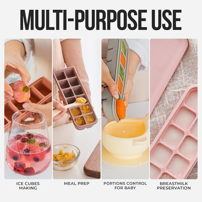 Silicone Ice Cube Freezer Tray with Lid, 100% Food-Grade Platinum Silicone,Leak Resistance & Dishwasher Safe for Baby Food Prep,Breast Milk,Purees - Korean Made (Brown 1.7 oz/4 Sections)