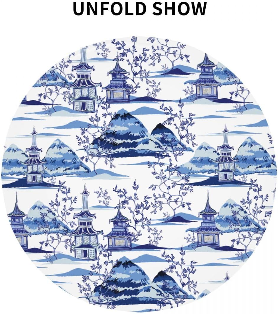 Japanese Tablecloth, Blue Traditional Vintage Landscape Oriental Temple Chinoiserie Water Resisitant Wipeable Table Cover for Dining Kitchen Living Room Home Party Holiday Decor 36 inch Round