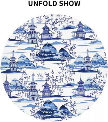 Japanese Tablecloth, Blue Traditional Vintage Landscape Oriental Temple Chinoiserie Water Resisitant Wipeable Table Cover for Dining Kitchen Living Room Home Party Holiday Decor 36 inch Round