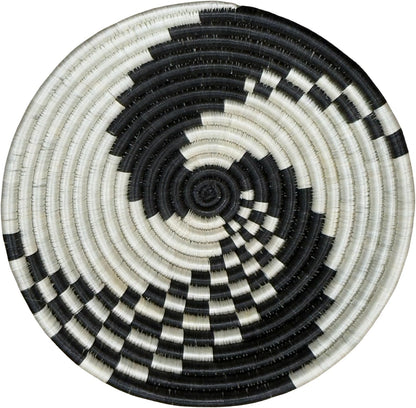 Handwoven African Basket Handmade sisal Fruit Bowl Wall Hanging decorative Baskets for Home Living Room Kitchen Centerpiece Zen Designs Arts and Crafts (Swirl Black Natural, 8in diameter)