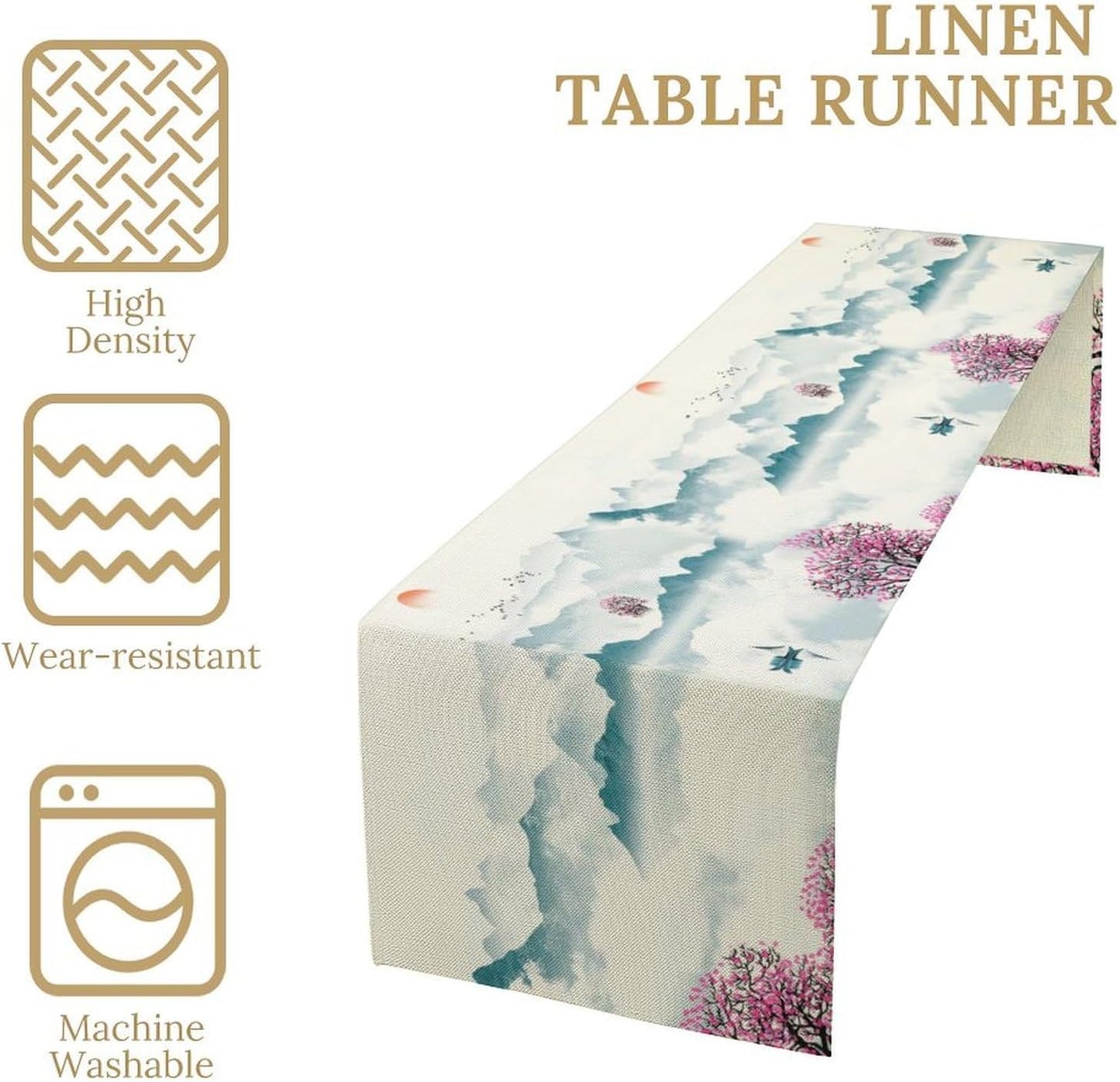 Asian Landscape Table Runner, Cherry Tree Chinoiserie Vintage Ink Wash Pink Blue Setting Sun Table Runner for Kitchen Home Party Dining Table Decor 13x120 Inch