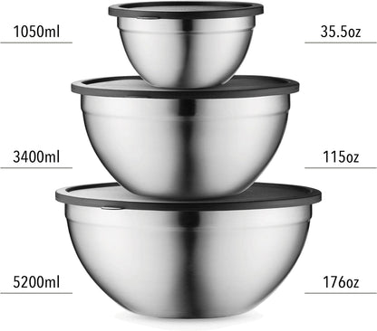 Mixing Bowls with Lids Set, Stainless Steel Mixing Bowls with Airtight Lids, Nesting Mixing Bowl Set for Space Saving Storage, Ideal for Cooking, Baking, Prepping & Food Storage