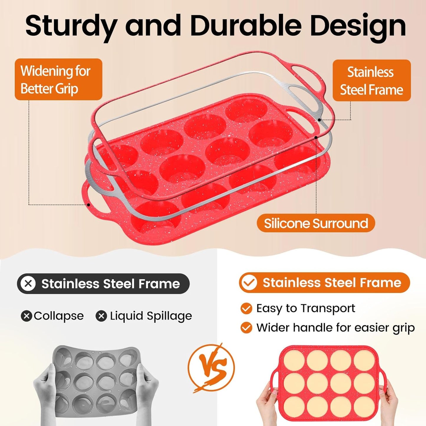 Silicone Muffin Pans for Baking, with Metal Reinforced Frame, Dishwasher Safe BPA Free Nonstick Silicone Cupcake Pan 12 Cups for Baking Homemade Muffins, Cupcakes - 2 Pack