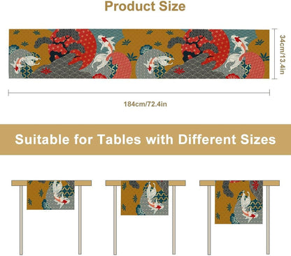 Japanese Koi Table Runner, Luxury Asian Style Oriental Line Art Abstract Geometry Cherry Blossoms Wave Traditional Elements Table Runner for Kitchen Home Party Dinner Set, 13x120 Inch