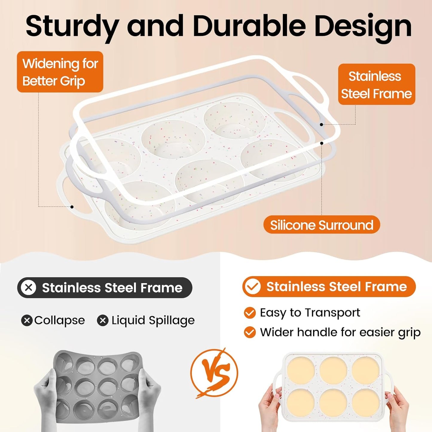 mary Silicone Muffin Pan with Metal Reinforced Frame - Mini Muffin Pan for Homemade Muffins, Cupcakes, and Bread, Oven and Dishwasher Safe - Set of 2, 6-Cup and 12-Cup
