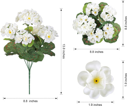 Artificial Geranium Fake Flowers for Outdoors Decoration, 6 Bundles Silk Geraniums White Flower UV Resistant Look Real Faux Plants for Front Door Garden Porch Planter Patio Balcony Yard Indoor Home