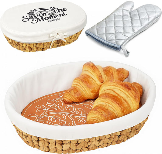 Bread Baskets for Serving with Stone (Large Oval 13.8 x 9.5) - Bread Basket with Warming Stone for Rolls & Tortillas, Gift for Bakers, Sourdough Lovers, Hostess, New Homeowner