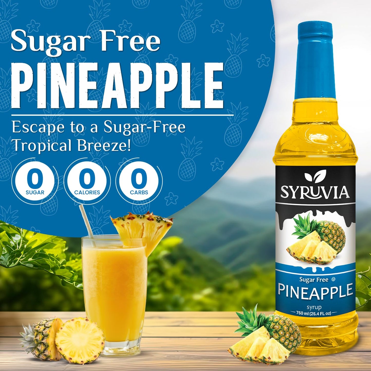 Syruvia Sugar-Free Pineapple Syrup, Flavored Syrup for Drinks, Cocktails, Lemonades, Iced Teas, and Desserts – 25.4 fl oz (Pack of 2)
