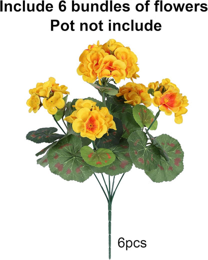 Fake Geraniums Artificial Flowers for Outdoors Winter Decoration, 6 Bundles Silk Geraniums UV Resistant Look Real Yellow Faux Flowers Plants for Front Door Garden Planter Patio Balcony Yard Home