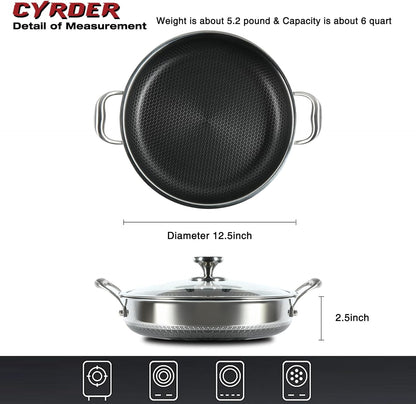 316L Stainless Steel Frying Pan-12inch Hybrid Nonstick Induction Pan with Lid, Two Handle Hold, PFOA Free, Dishwasher Oven Safe, Paella Pan for Stir fry/Toast/Roast/Bake/Stew, 6 Quart