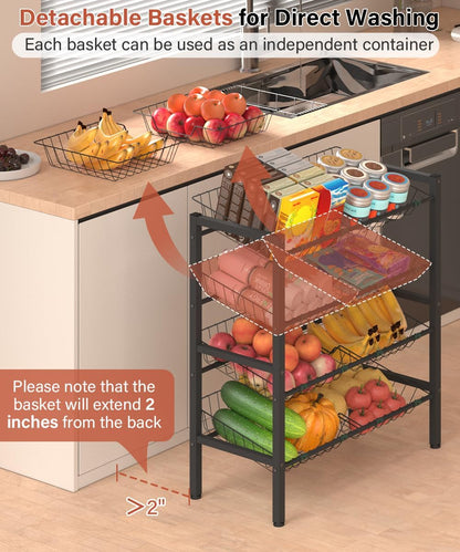 4-Tier Kitchen Storage Rack, Metal Pantry Storage Stand, Fruit Basket Stand with 8 Fruit Vegetable Baskets, Freestanding Snack Organizer Shelf Unit for Living Room, Office, Apartment, Black