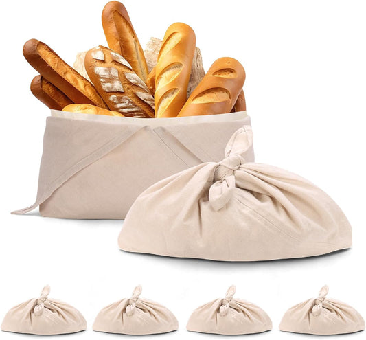 4 Pack Beeswax Bread Bags, Striped Linen Bento Bags, 14" Cotton Loaf Bag, Reusable Organic Food Storage, Sourdough Bag, Rustic Farmhouse Azuma Bukuro Origami Wrap for Baked Gifts (Natural Color, 4)