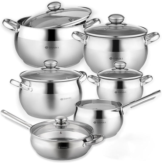 Daniks Classic 11-Piece Stainless Steel Cookware Set with Glass Lids, Includes Saucepan and Frying Pan with Lid, Tri-Ply Bases for Even Heating, Induction Compatible, Dishwasher Safe