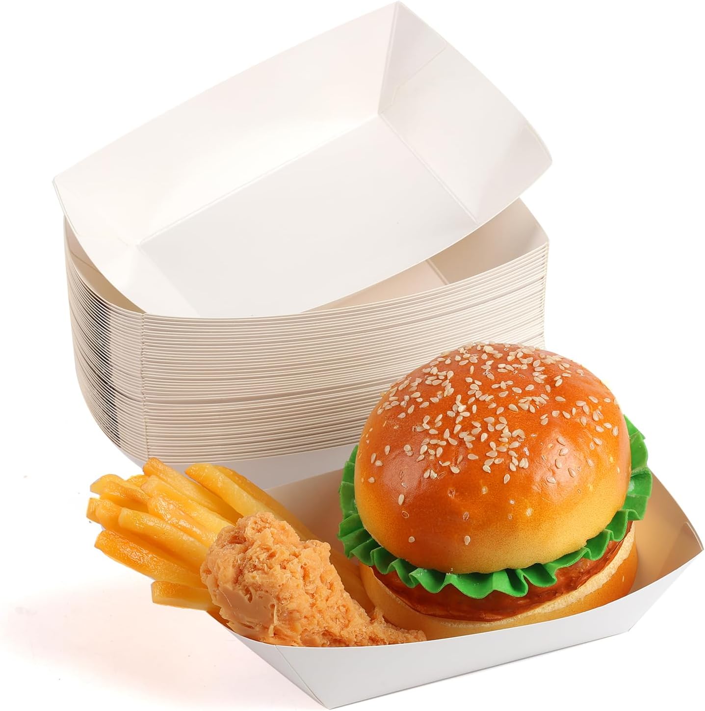 50 Pcs 2lb Paper Food Boat Trays Disposable，Snack Tray，Food Trays for Snack French Hot Dog Taco Popcorn Picnic party Wedding，Concession Stand Supplies (White)