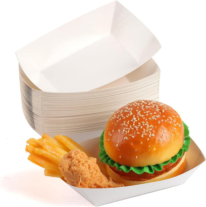 50 Pcs 2lb Paper Food Boat Trays Disposable，Snack Tray，Food Trays for Snack French Hot Dog Taco Popcorn Picnic party Wedding，Concession Stand Supplies (White)