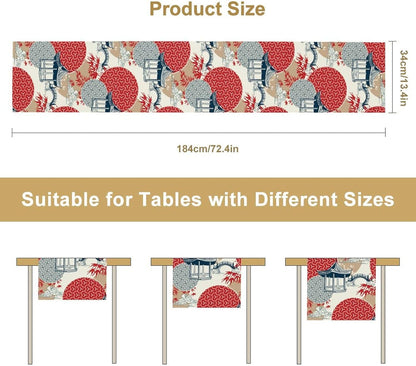 Asian Style Landscape Dinning Table Runner, Oriental Line Geometry Wave Traditional Elements Red White Table Runner for Kitchen Home Party Dinner Set, 13x108 Inch