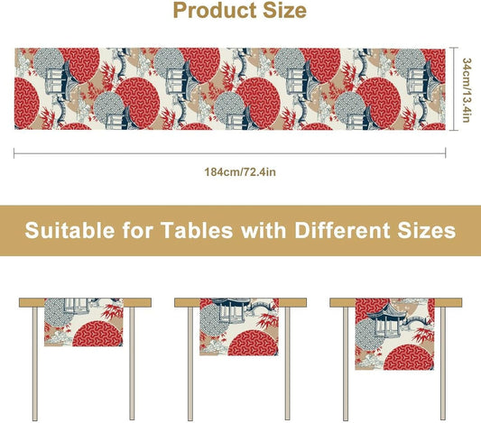 Asian Style Landscape Dinning Table Runner, Oriental Line Geometry Wave Traditional Elements Red White Table Runner for Kitchen Home Party Dinner Set, 13x108 Inch