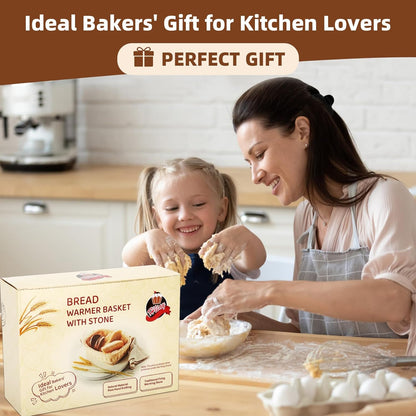 Bread Warmer Basket with Stone, Bread Baskets for Serving Tortilla,Bread Basket with Warming Stone, Ideal Bakers' Gift for Kitchen Lovers, Men & Women, New Homes, 1 Year Full Warranty