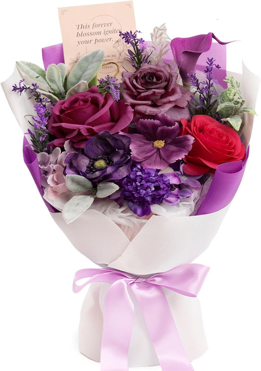 TINGE TIME Aritifical Flowers Bouquet, Purple Gift Bouquet, Birthday Gifts for Women, Eternal Roses Bouquet for Grandma Wife Anniversary