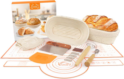 Sourdough Starter Kit - Bread Proofing Basket Set with 9.6" Oval Banneton Baskets x2, Silicone Bread Sling Baking Mat, Whisk Cutter Scraper Lame - Ideal Sourdough Bread Baking Supplies