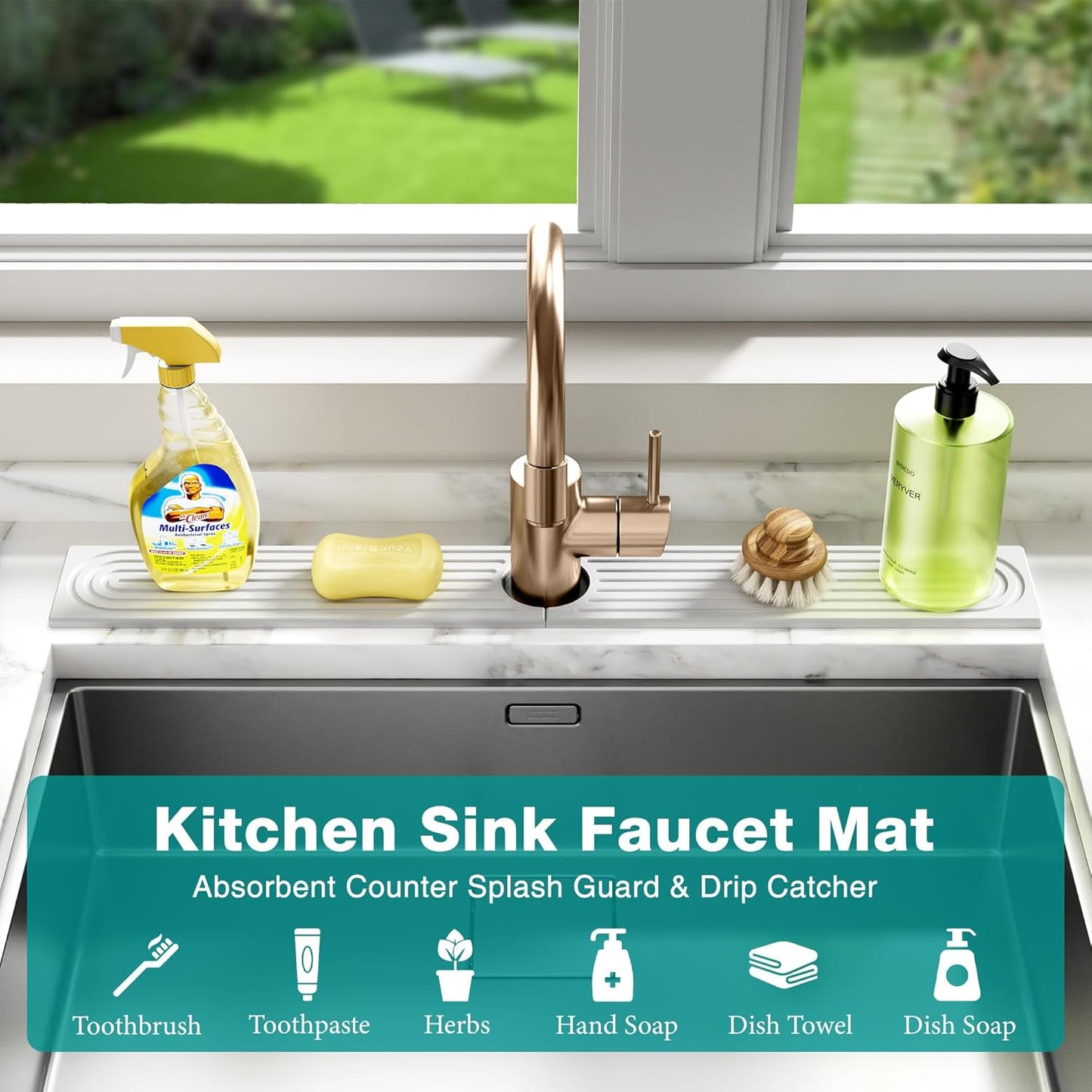 Stone Faucet Mat for Kitchen Sink - Quick Dry Diatomite Sink Splash Guard, Prevents Moisture Buildup & Water Stains, Water Absorbing Stone Tray for Bathroom Countertop (White, 23.6" x 4")