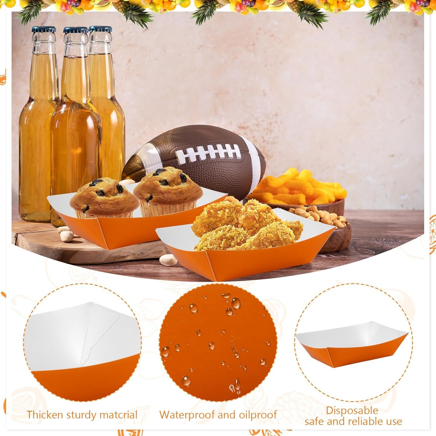 100 Pcs Orange Paper Food Tray Sturdy Disposable Food Boats Nacho Plates Disposable Serving Snack Trays for Catering, Party Birthday Supplies, and Food Service (Orange)