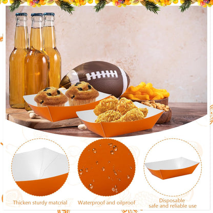 100 Pcs Orange Paper Food Tray Sturdy Disposable Food Boats Nacho Plates Disposable Serving Snack Trays for Catering, Party Birthday Supplies, and Food Service (Orange)