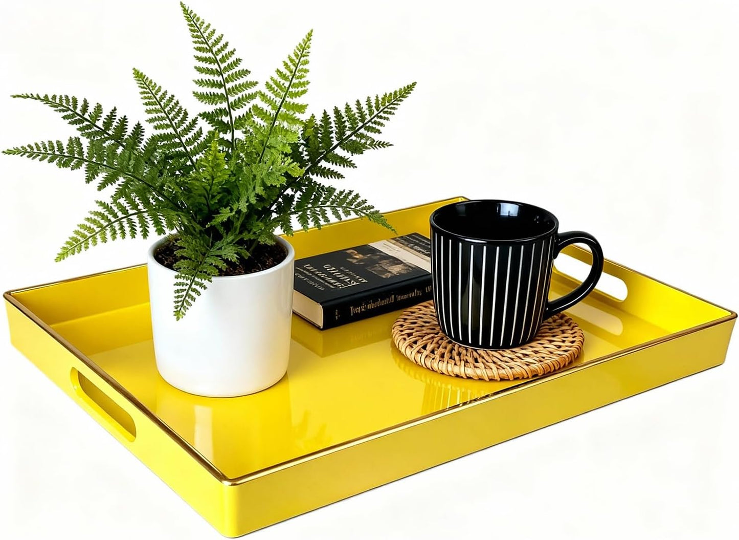 Zosenley Decorative Plastic Serving Tray with Handles, Modern Vanity Organizer for Bathroom, Kitchen, Ottoman and Coffee Table (Yellow, Rectangular)
