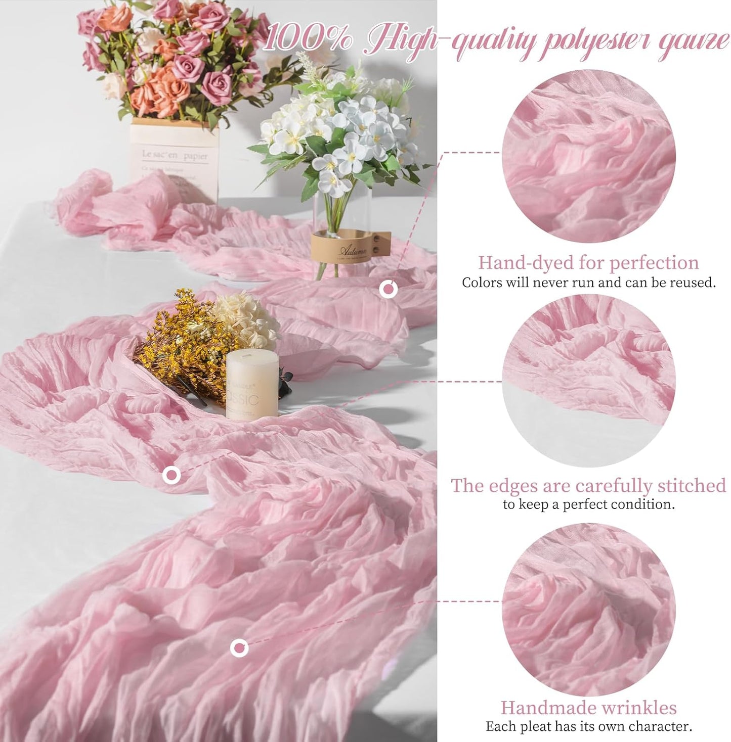 15 Packs Cheesecloth Table Runner Light Pink,10 Ft Rustic Gauze Boho Wedding Table Runner Decoration, Wedding Table Decor Table Cloth for Wedding Party Bridal Shower Table,21.5x120in