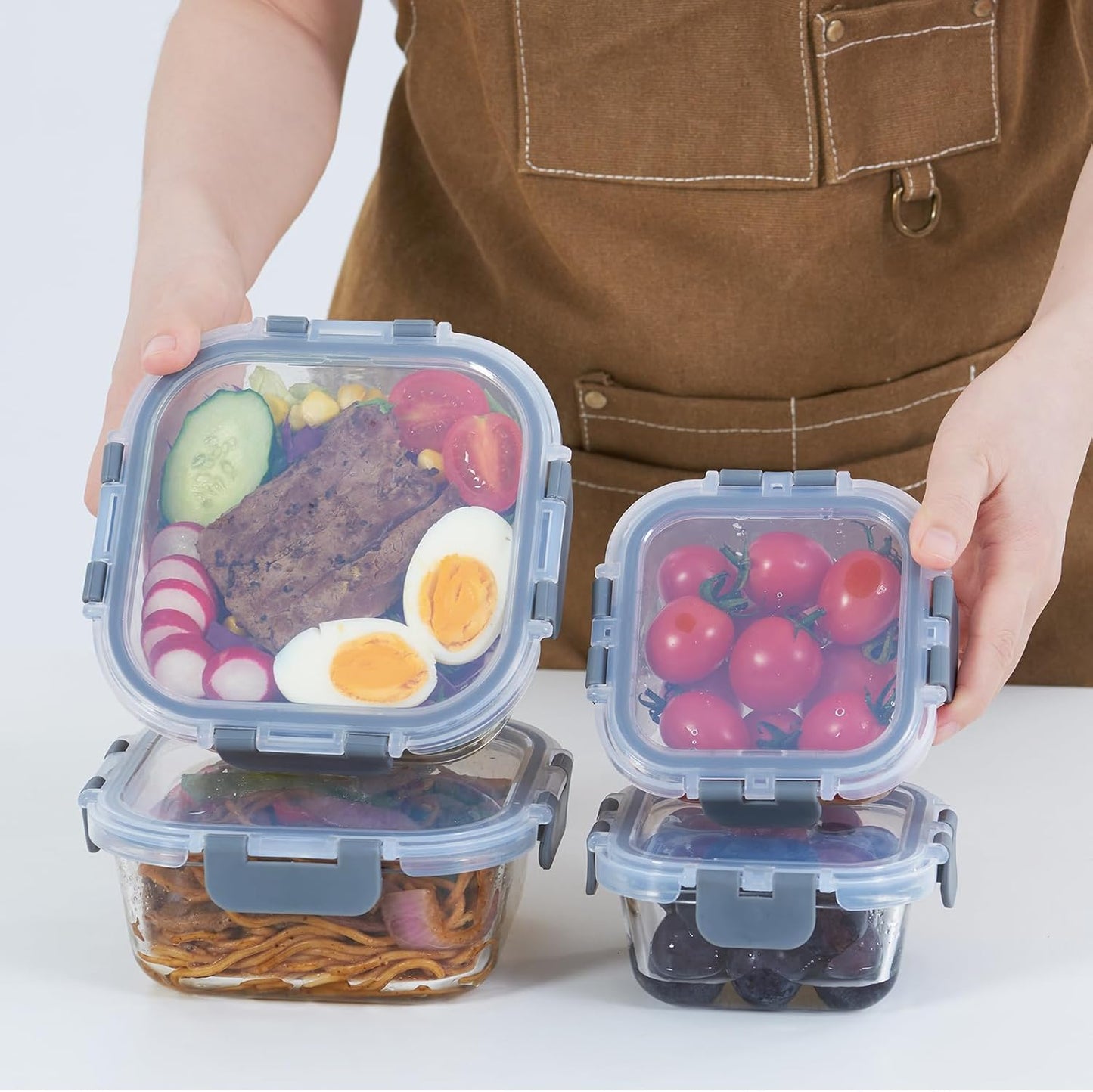 Glass Food Storage Containers with Lids, 4 Pack, Airtight, Leak Proof, BPA Free, Oven/Dishwasher Safe, Grey