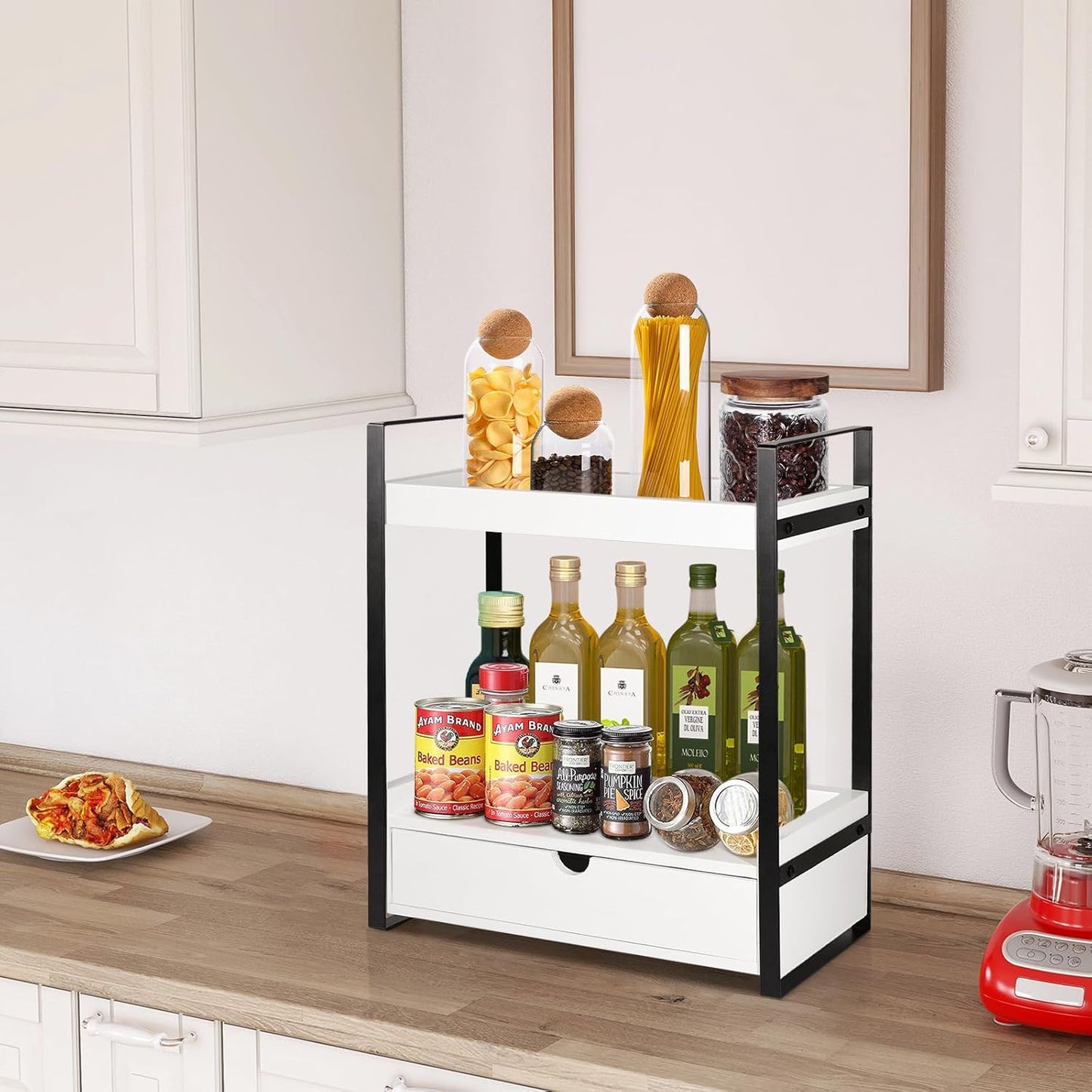 2-Tier Wooden Counter Shelf with Drawer, Vanity Tray for Organization and Decor, Countertop Organizer for Bathroom and Kitchen