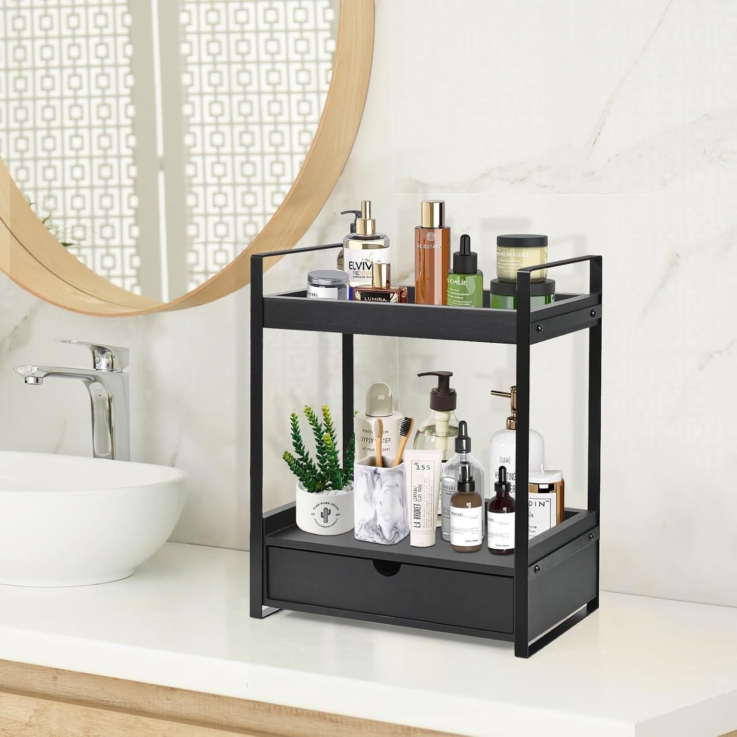 2-Tier Bathroom Organizer Countertop with Drawer, Wood Counter Shelf for Storage, Vanity Tray for Organization and Decor, Countertop Organizer for Bathroom, Kitchen, Office (Black)