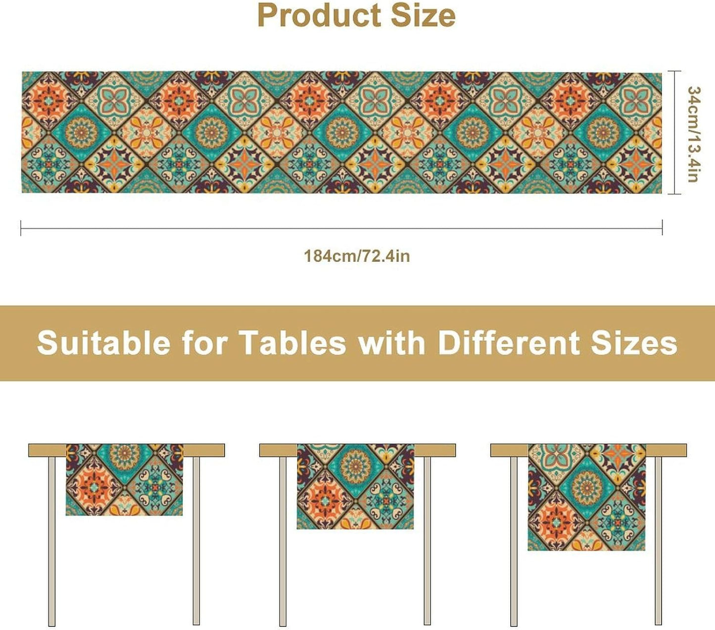 Vintage Bohemian Table Runner, Retro Floral Old Countryside Pattern Farmhouse Table Runner for Kitchen Home Party Dining Room Holiday Coffee 13x90 Inch