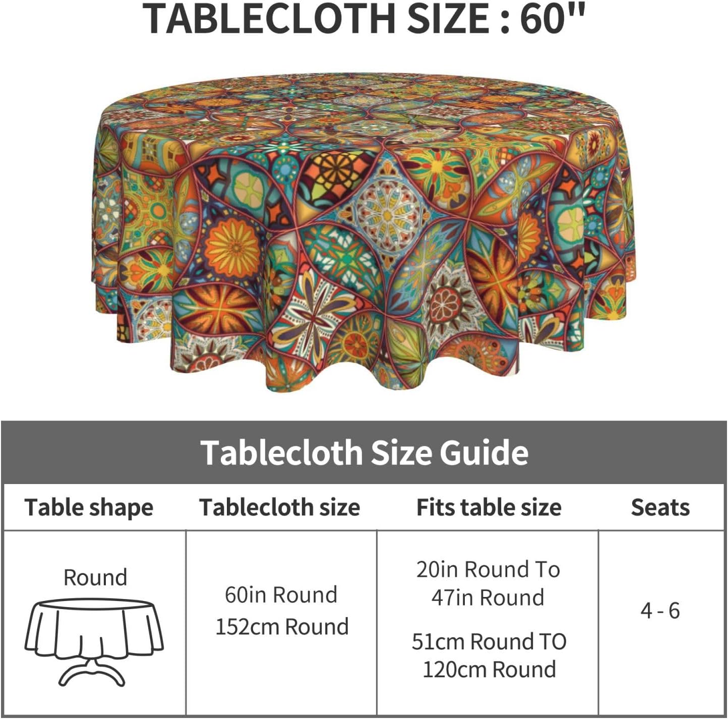 Mexican Ceramic Round Tablecloth, Colorful Talavera Tile Mandala Traditianal Boho Water Resisitant Wipeable Table Cover for Dining Kitchen Living Room Home Party Holiday Decor 36 inch Round