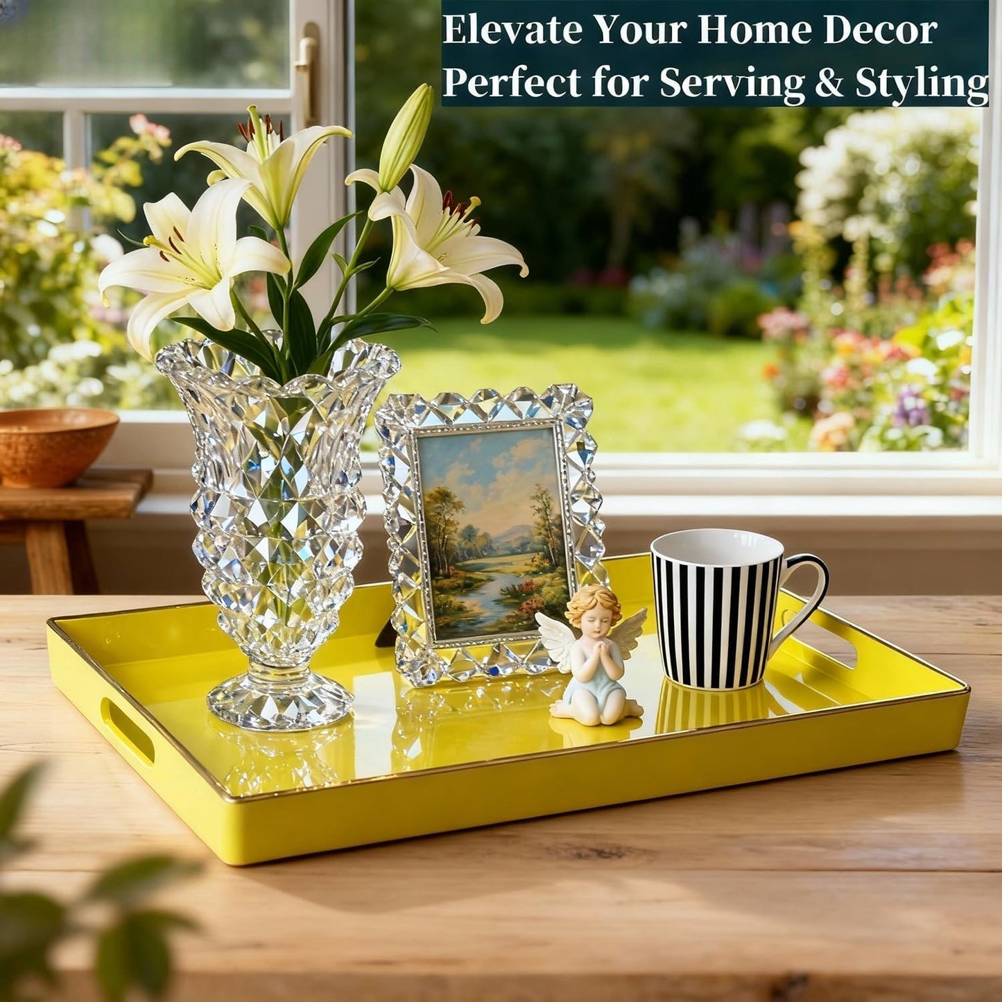 Zosenley Decorative Plastic Serving Tray with Handles, Modern Vanity Organizer for Bathroom, Kitchen, Ottoman and Coffee Table (Yellow, Rectangular)