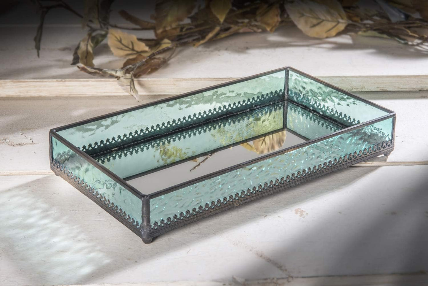 Turquoise Blue Glass Tray Mirrored Bottom Decorative Bathroom Vanity Cosmetic Makeup Organizer Jewelry Display Perfume Holder Dresser Home Décor Candle Tray Gift for Woman J Devlin Tra 126