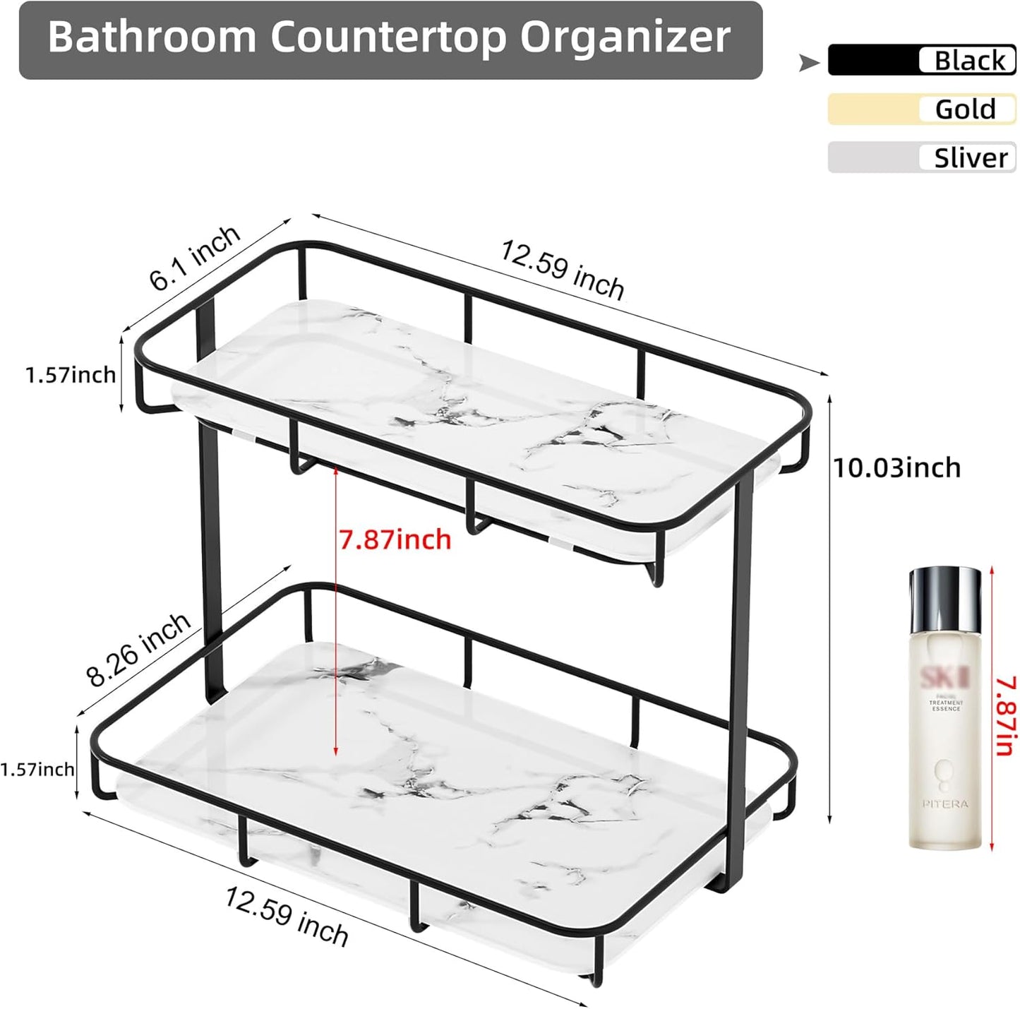 Bathroom Organizer Countertop Perfume Organizer Makeup Organizer Cosmetics Storage Display Rack Vanity Tray Dresser Stainless Steel Gold Shelf White Marble Ceramic Tray