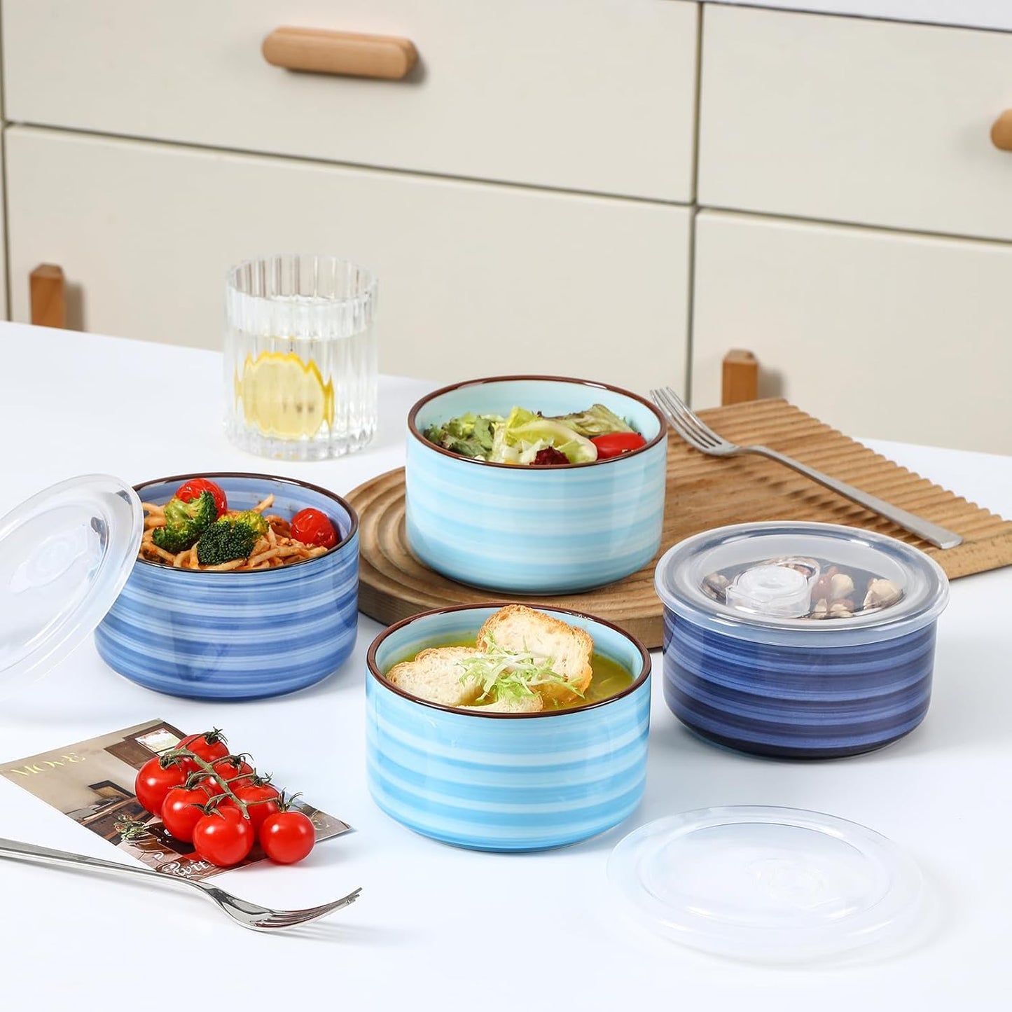 Selamica Ceramic Bowls with Lids, 14 OZ Microwave Safe Bowls with Lids for Lunch Picnic, 5 Inch Ceramic Food Storage Containers for Leftovers, Soup, Salad, Meal Prep, Cereal, Set of 4, Gradient Blue