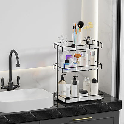 Bathroom Organizer Countertop Perfume Organizer Makeup Organizer Cosmetics Storage Display Rack Vanity Tray Dresser Stainless Steel Gold Shelf White Marble Ceramic Tray