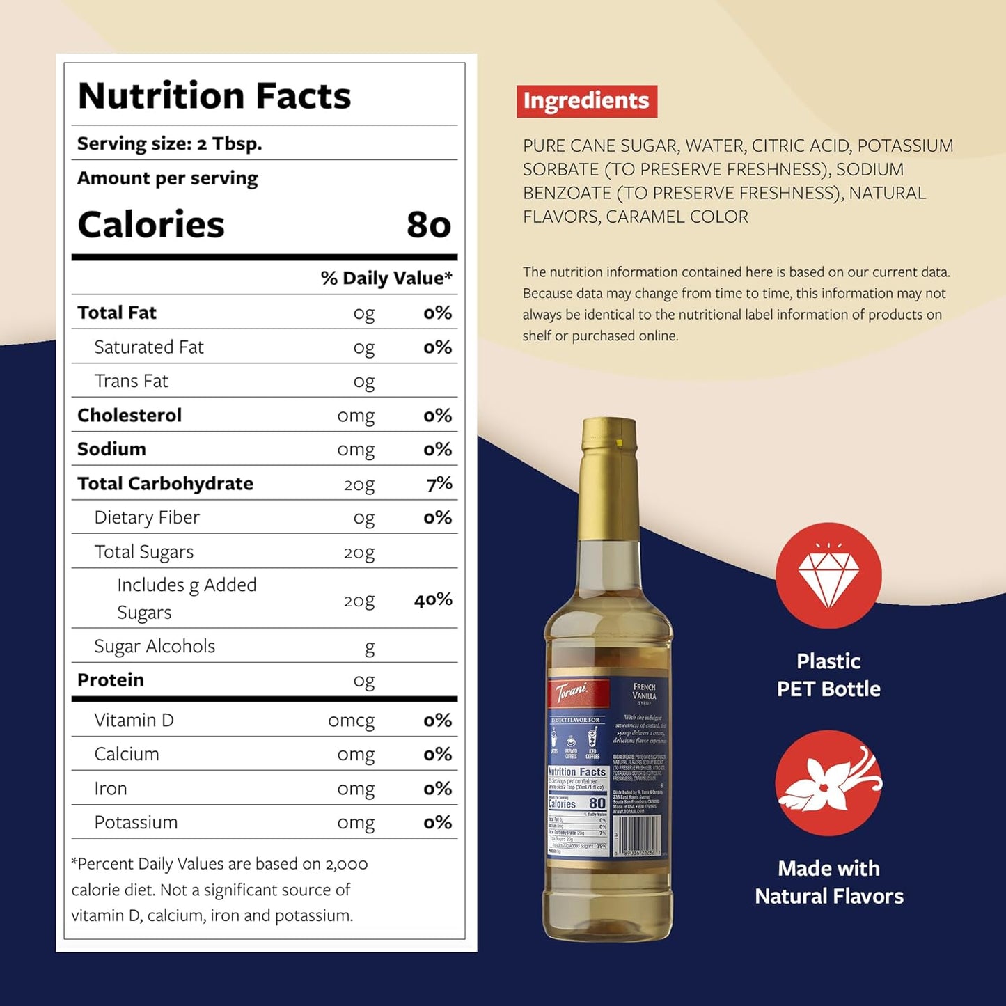 Torani Coffee Syrup, French Vanilla Flavored Syrup for Drinks, Pump Included, 25.4 Fl Oz